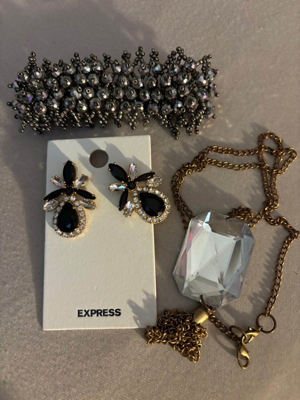 Express Black Crystal Teardrop Earrings & Gold Chain Necklace